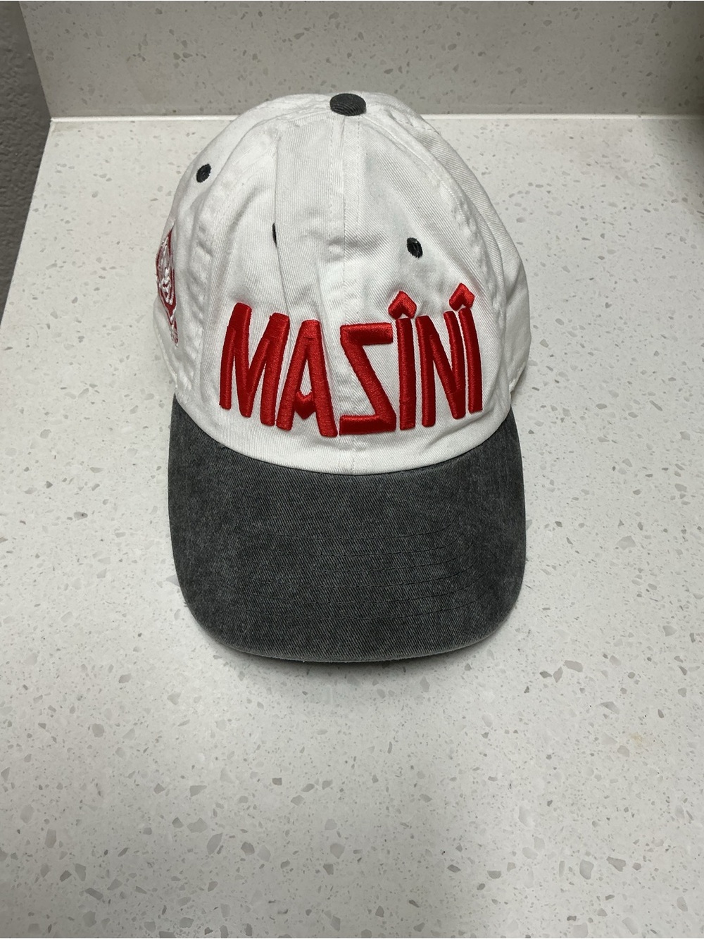 Massini Two-Tone Embroidered Baseball Cap - White and Charcoal with Red Logo